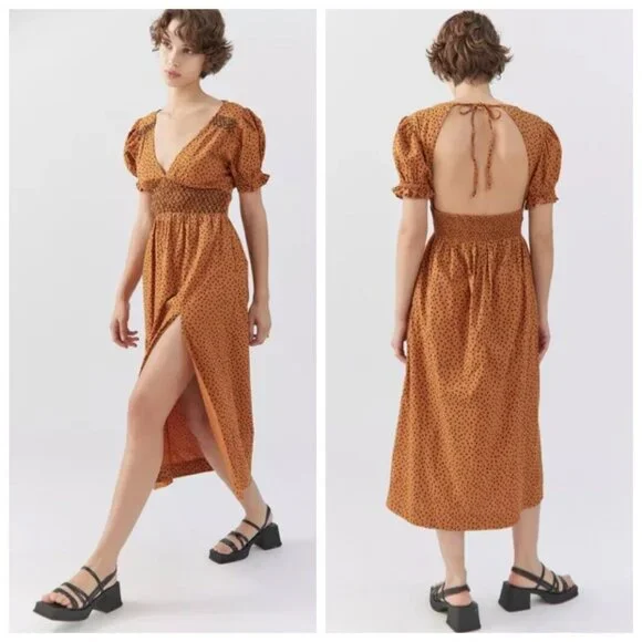 Urban Outfitters | Dresses | 33 Urban Outfitters Liliana Side Slit Midi  Dress Puff Sleeve Brown Multi Xs | Poshmark